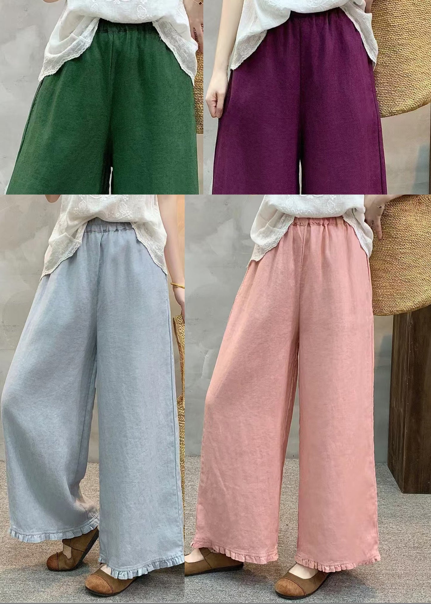 Unique Pink Ruffled Linen Straight Pants Summer