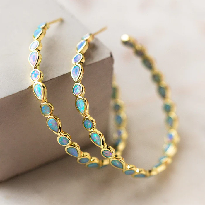 Blue Opal Golden Hoop Earrings