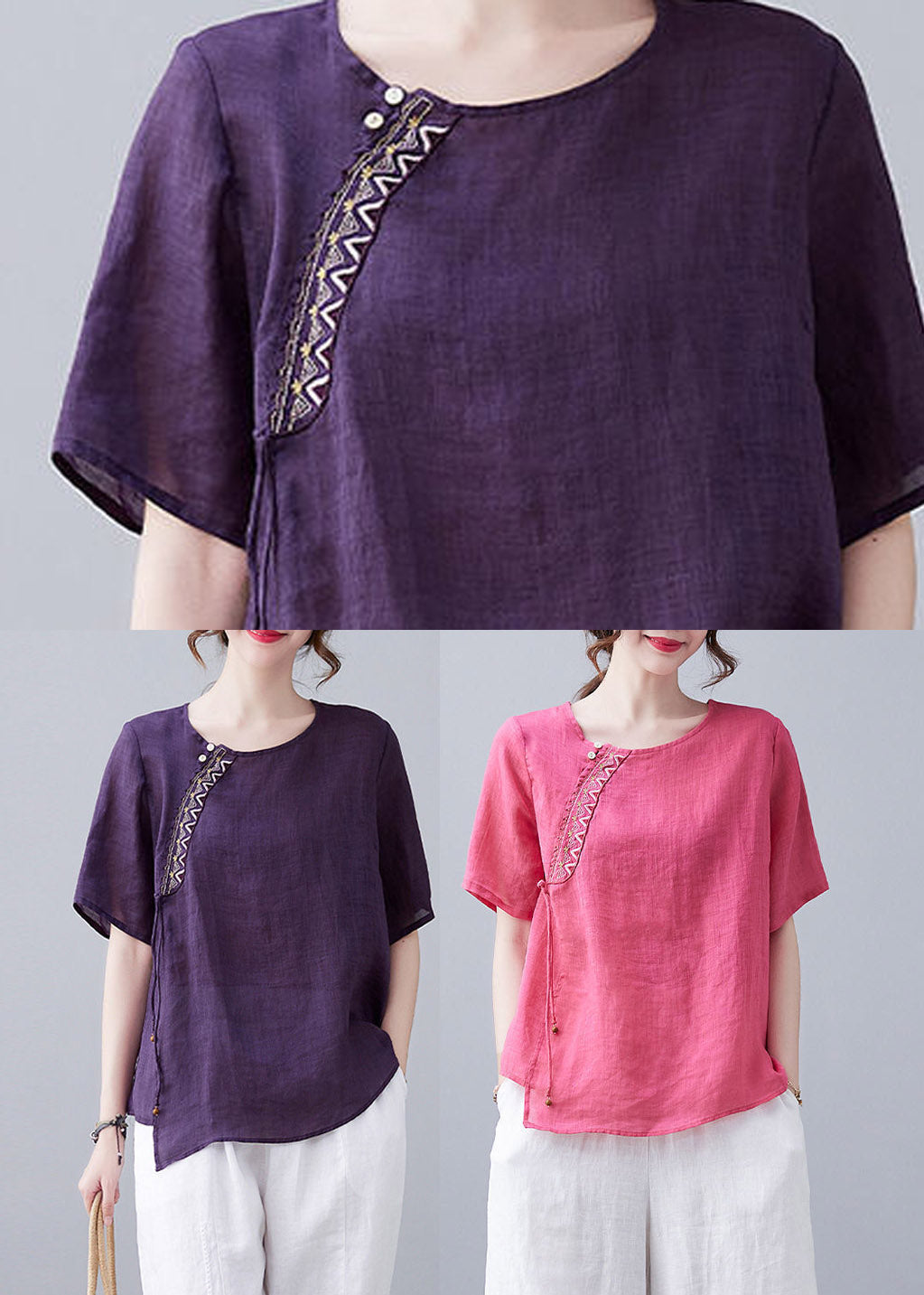 French Rose O-neck Embroidered Linen T Shirt Short Sleeve