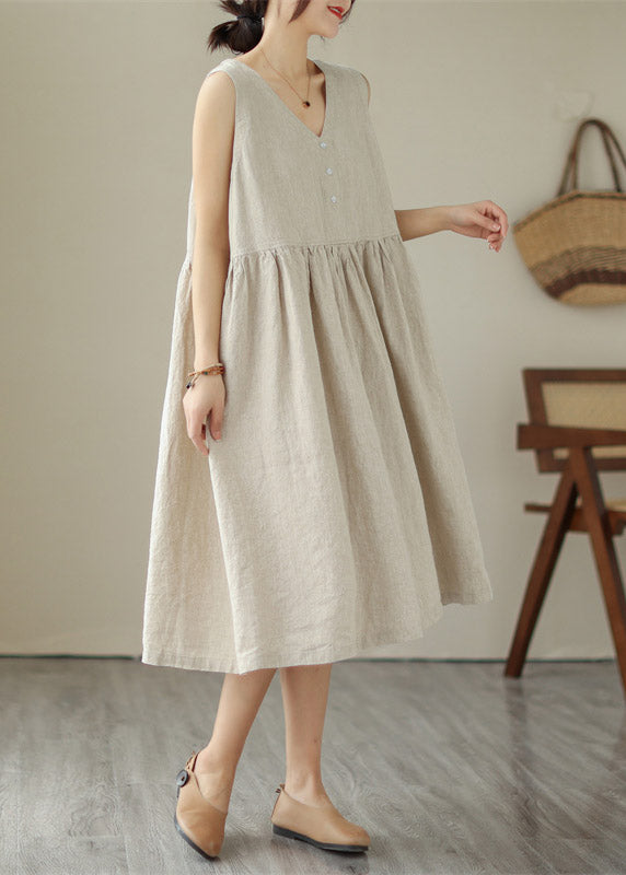 Organic Green V Neck Patchwork Wrinkled Cotton Long Dress Summer