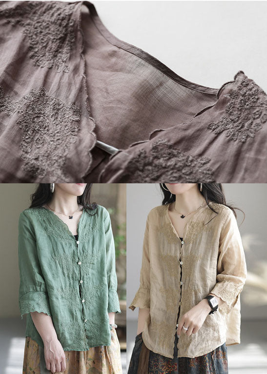 Unique Khaki Embroidered Linen Shirt Half Sleeve