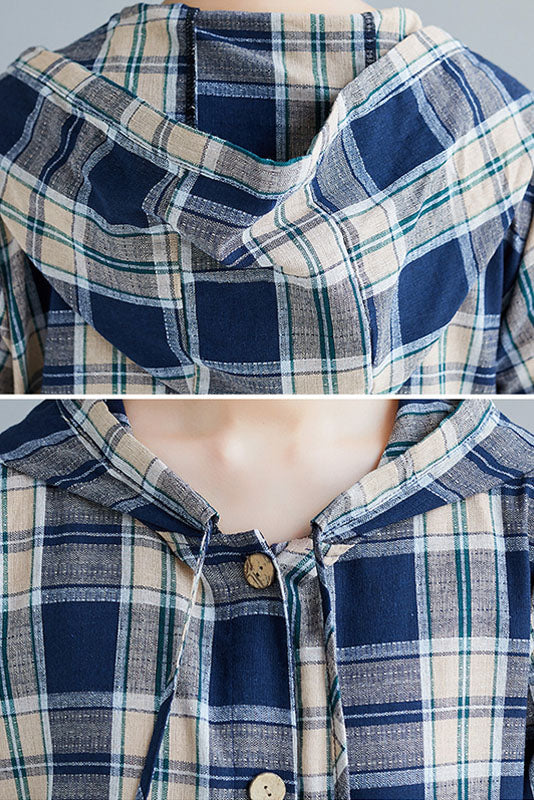 Cotton Linen Plaid Dress Hooded Cardigan