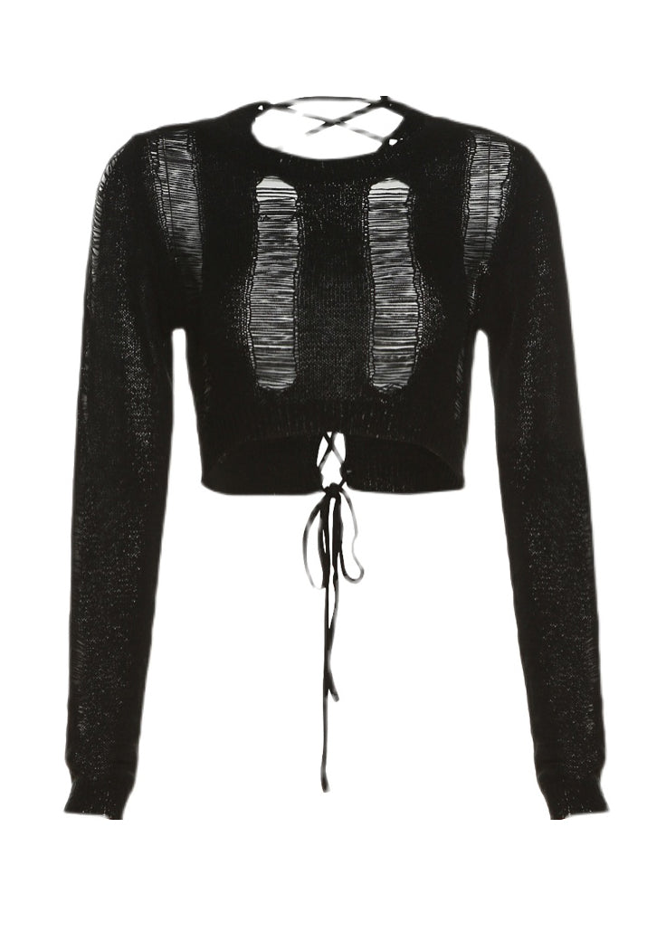 Spicy Girl Style Black Hollow Out Short Knit Top Long Sleeve