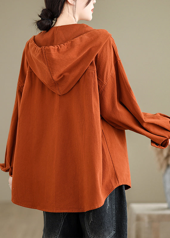 Brick Red Hooded Pockets Cotton Coat Fall