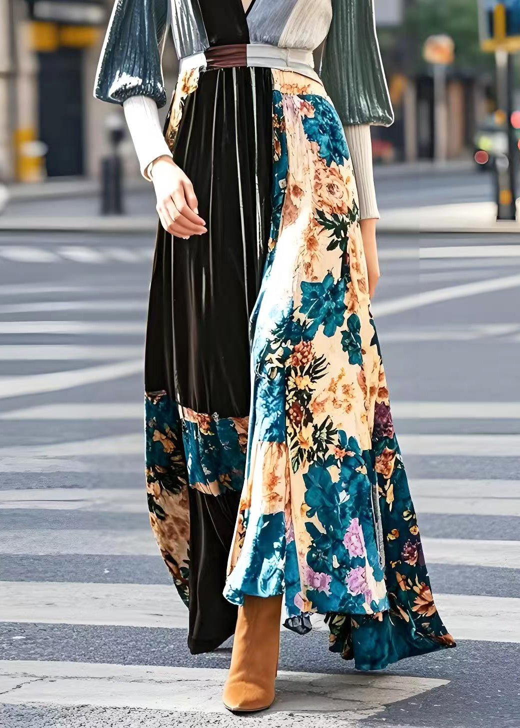Diy Print Patchwork Exra Large Hem Silk Velvet Holiday Dress Spring