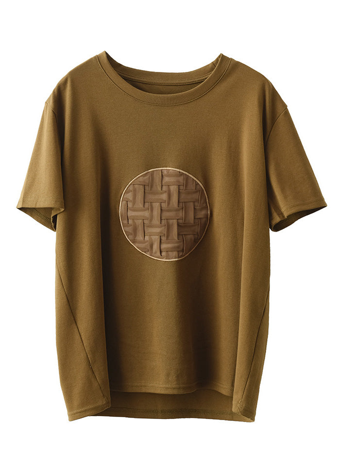 Diy Orange O-neck Patchwork Cotton T Shirt Short Sleeve