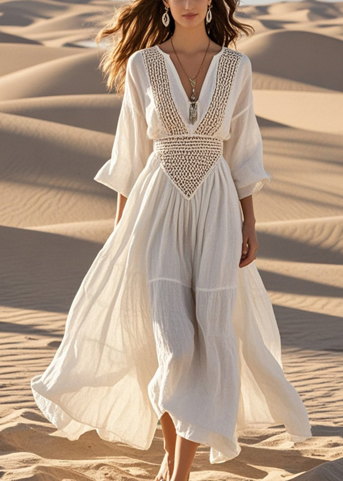 White Hollow Out Exra Large Hem Cotton Maxi Dress Fall