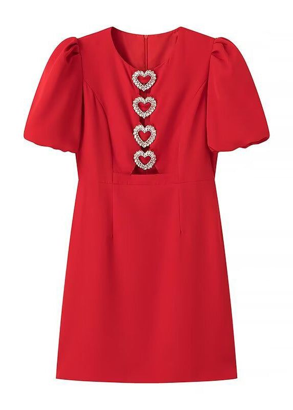 New Red O Neck Heart Decorated Cotton Short Dresses Summer