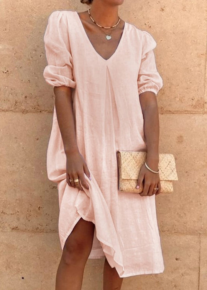 Pink V Neck Cotton Mid Dress Summer