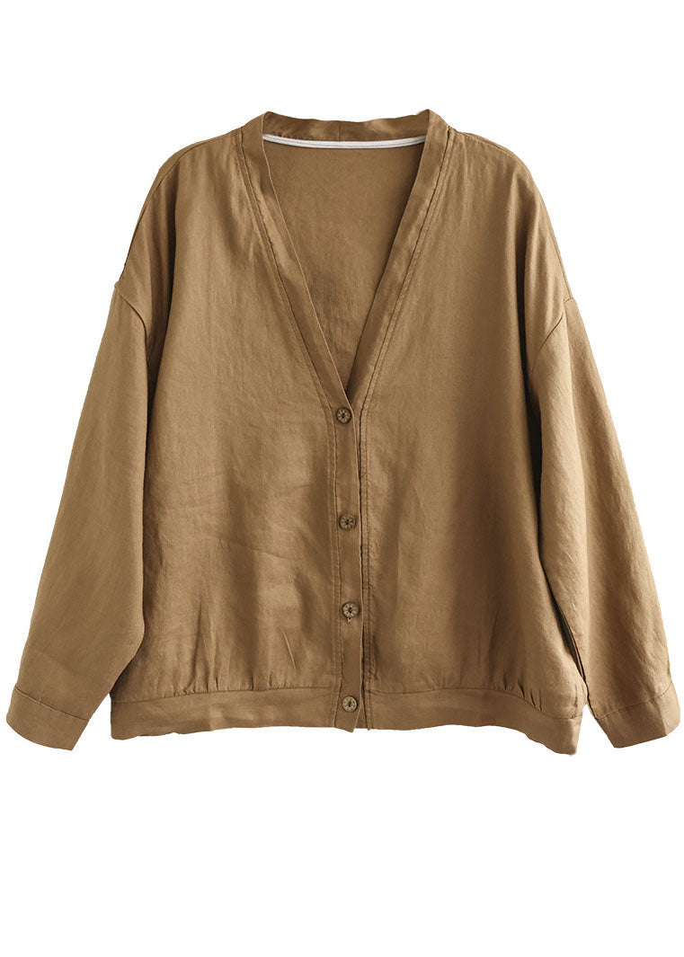 Khaki V Neck Button Linen Top Long Sleeve