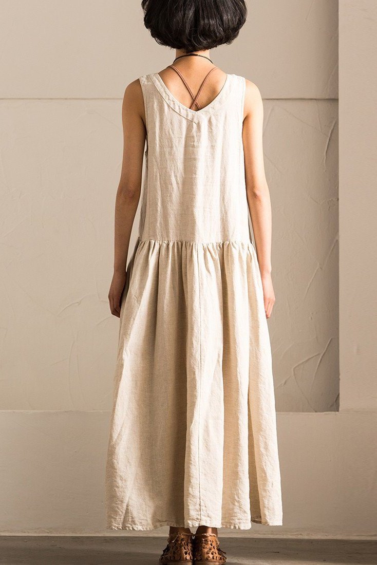 V-neck Cotton Linen Organic Sleeveless Long Dress Summer Outfits