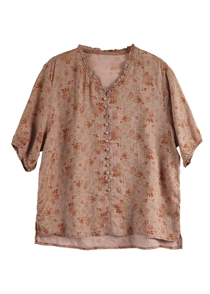 Red V Neck Button Linen Top Short Sleeve