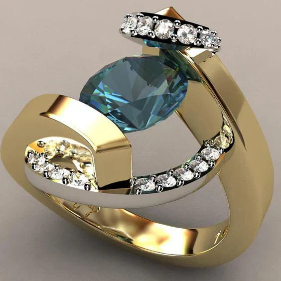 Anillo Irregular Brillante con Cristal Azul Vintage