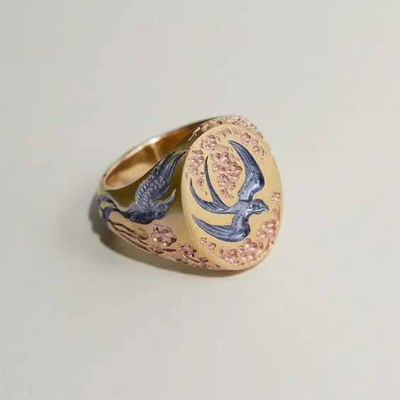 Blue Gold Hummingbird Ring