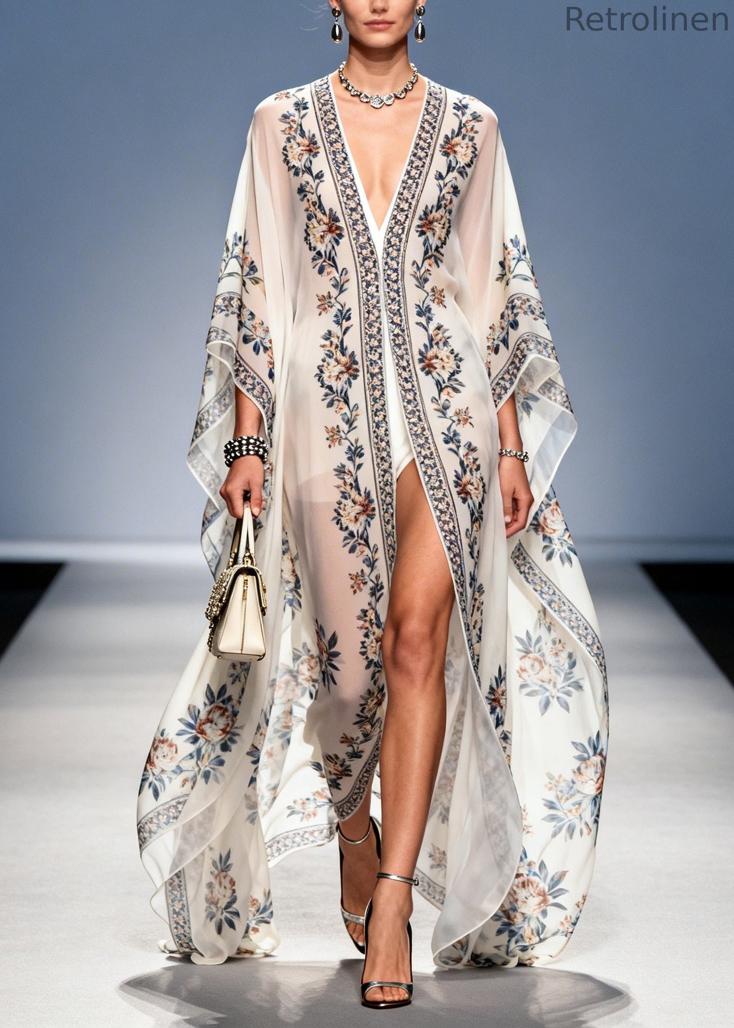 White Oversized Print Chiffon Upf 50+ Holiday Cardigans Summer
