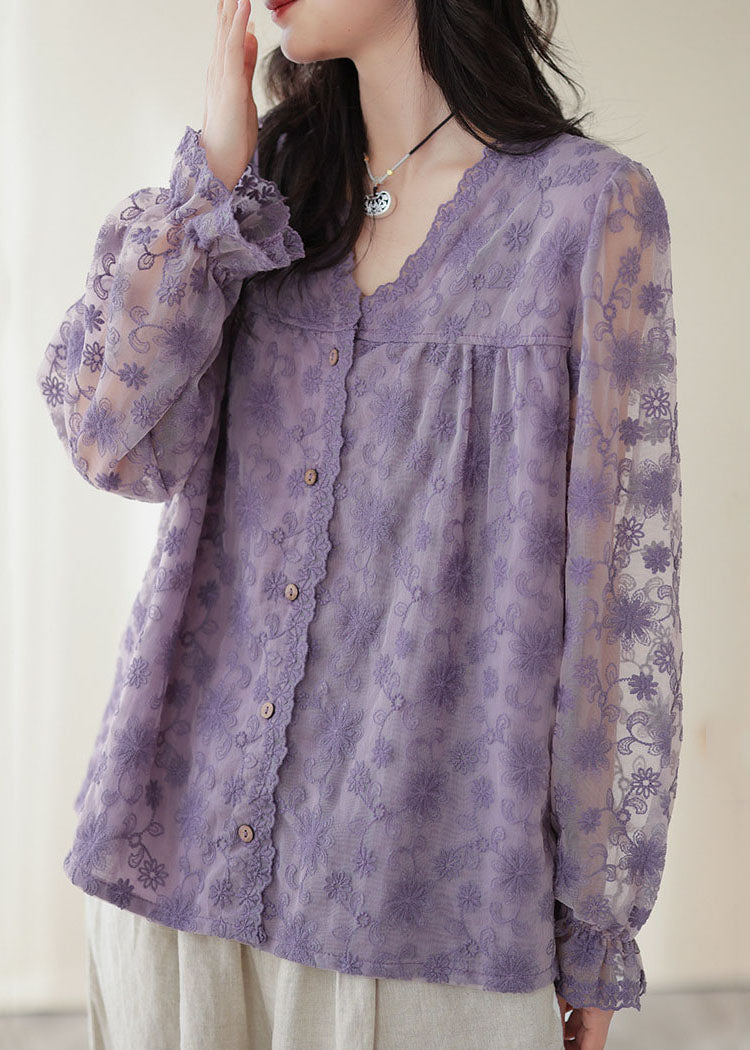 Boutique Purple V Neck Embroidered Patchwork Lace Top Long Sleeve