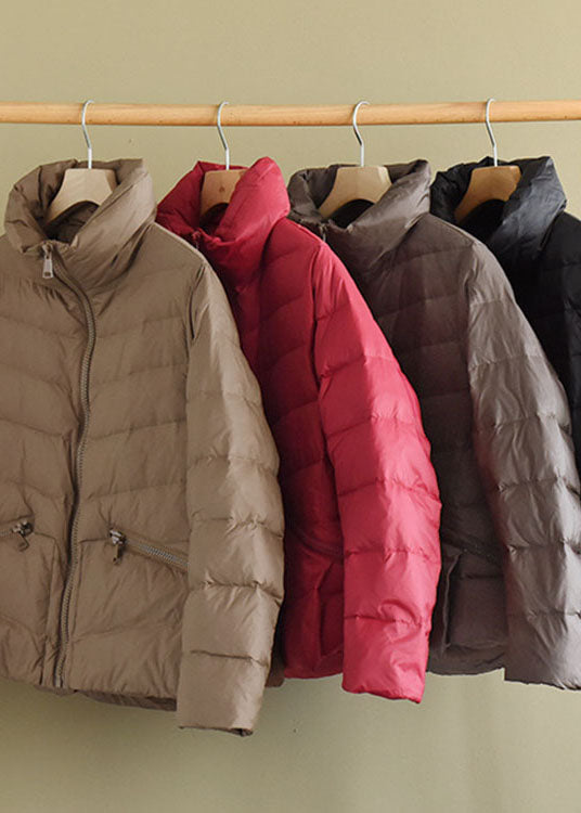 Unique Khaki Stand Collar Pockets Winter Down Coats