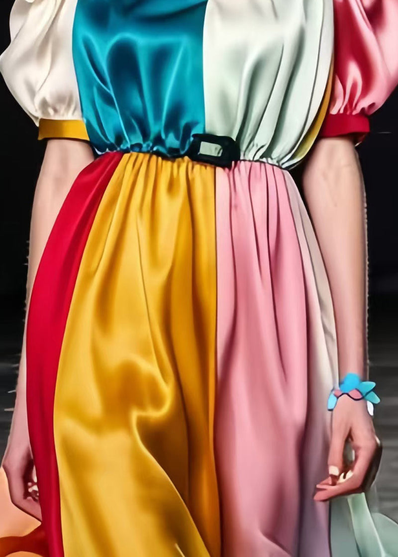 Colorblock Puff Sleeve Patchwork Silk Cami Dresses Summer