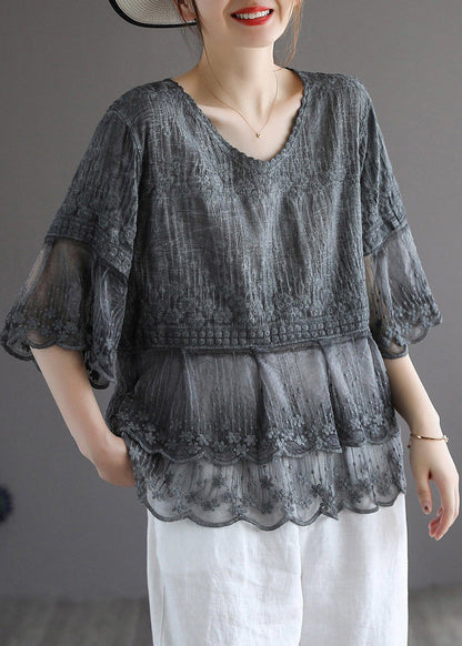 White Embroidered Lace Patchworktops Half Sleeve