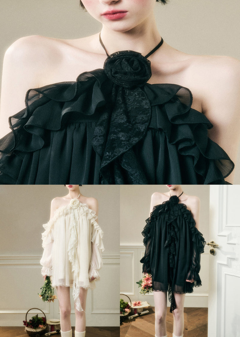 White Lace Up Ruffled Chiffon Party Dress Backless