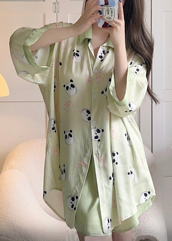 Green Print Shirts and Shorts Ice Silk Pajamas Two Pieces Set Spring