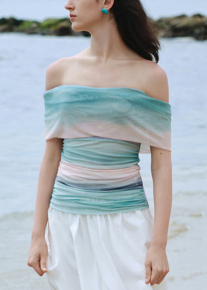 Slim Fit Gradient Color Slash Neck Knit Patchwork Tulle Top Summer