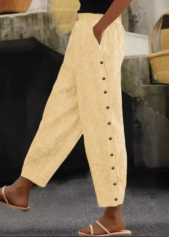 Blue Striped Pockets High Waist Cotton Crop Pants Summer