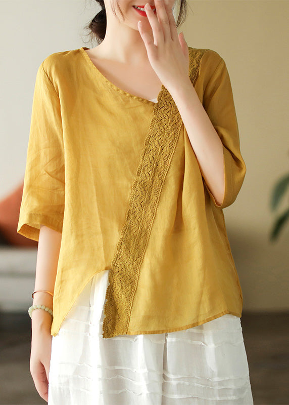 Brief Mulberry V Neck Embroidered Lace Patchwork Linen Top Short Sleeve