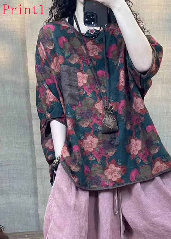 Retro Loose Print O-neck Linen Tops Summer