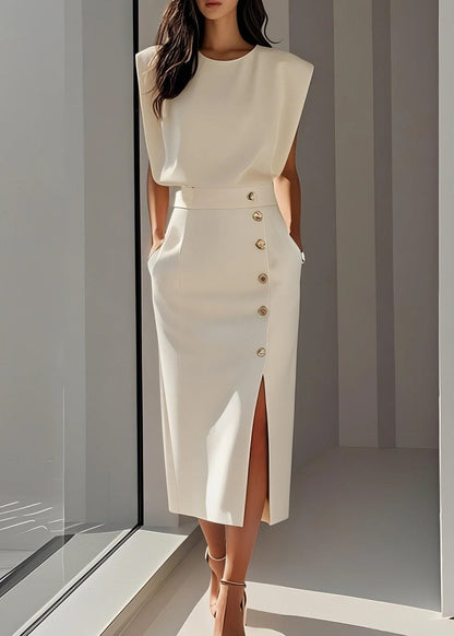 White O Neck Side Open Cotton Long Dress Sleeveless