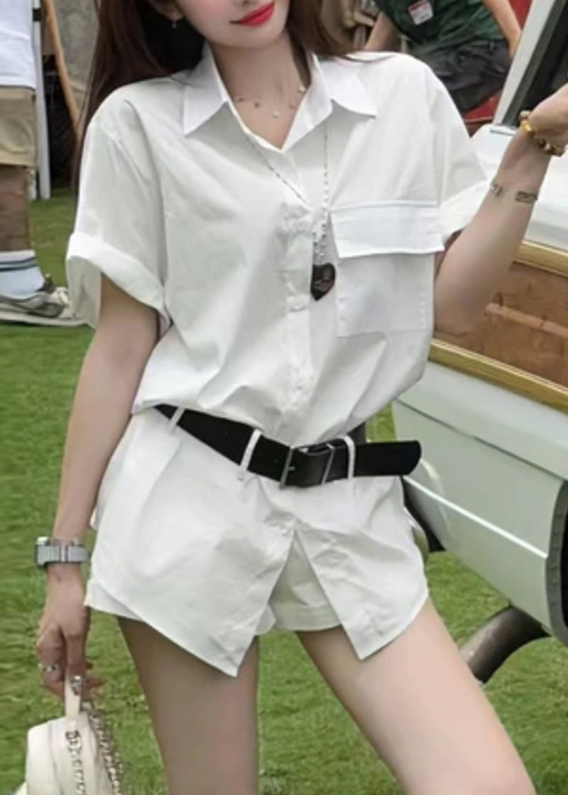 New Blue Button Shirts and Shorts Cotton Two Piece Set Summer