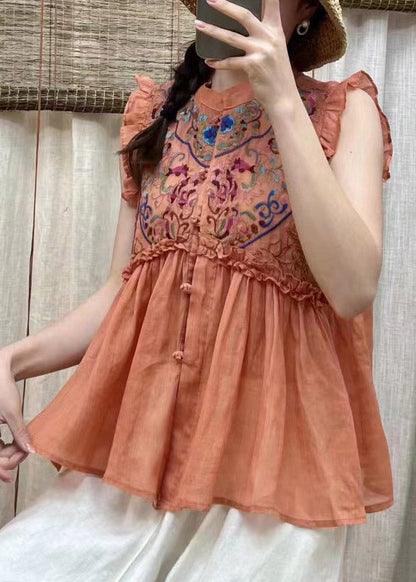 Simple Blue Embroidered Ruffles Button Linen Top Short Sleeve