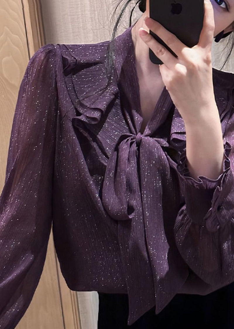 Unique Purple Bow Ruffled Shirt Fall