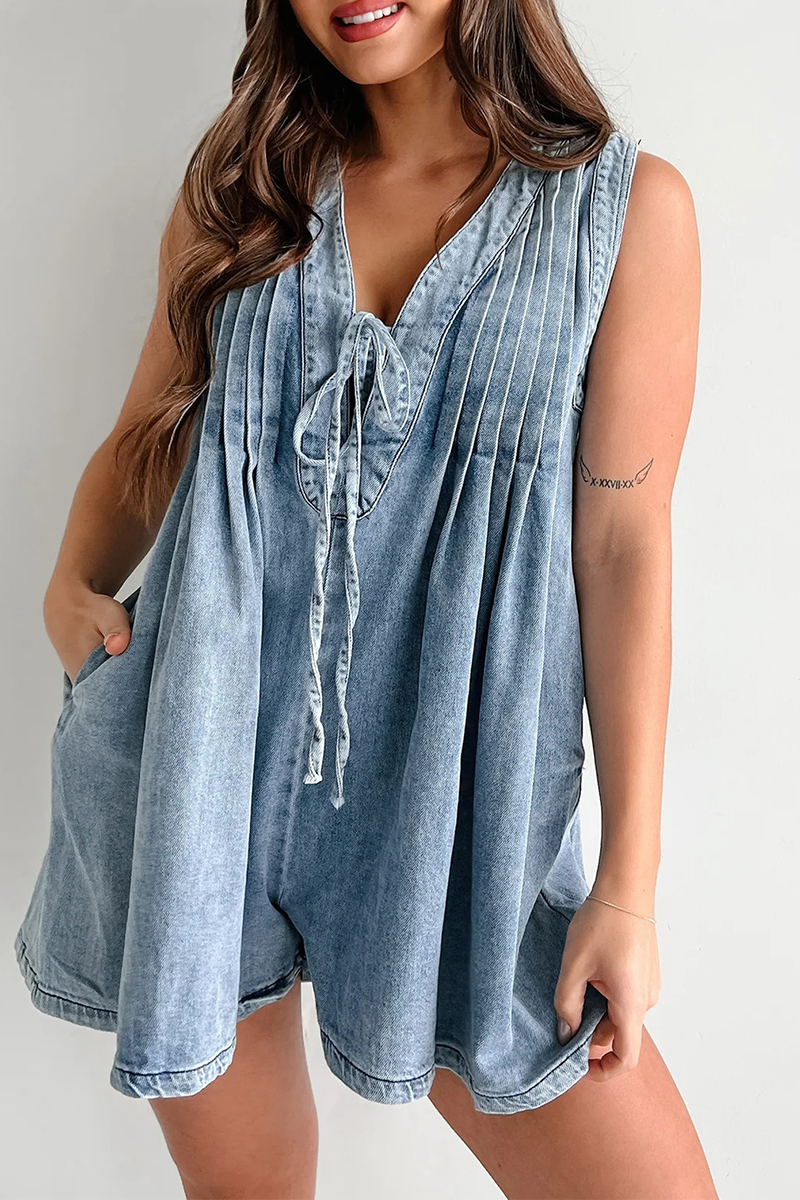 Street Color Pocket Lace Up V Neck Sleeveless Loose Denim Jumpsuits