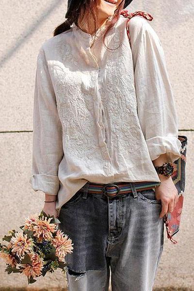 Limited Stock- Retro Embroidered Loose 100% Linen Shirt