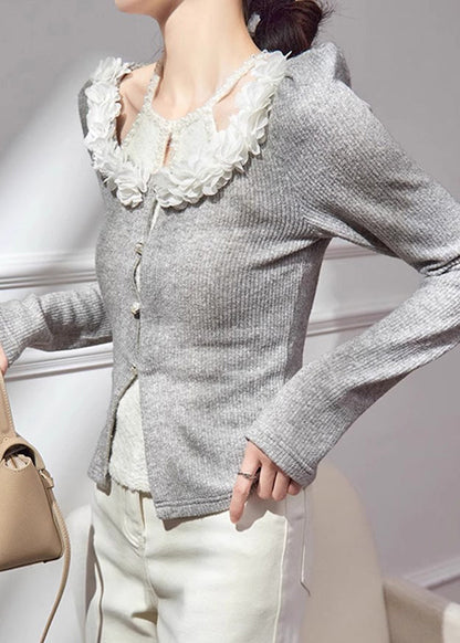 Grey V Neck Cotton Knit Cardigans Fall