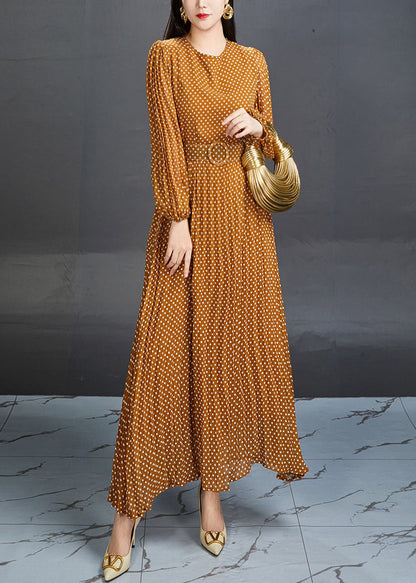 Orange Dot High Waist Chiffon Long Dress Fall