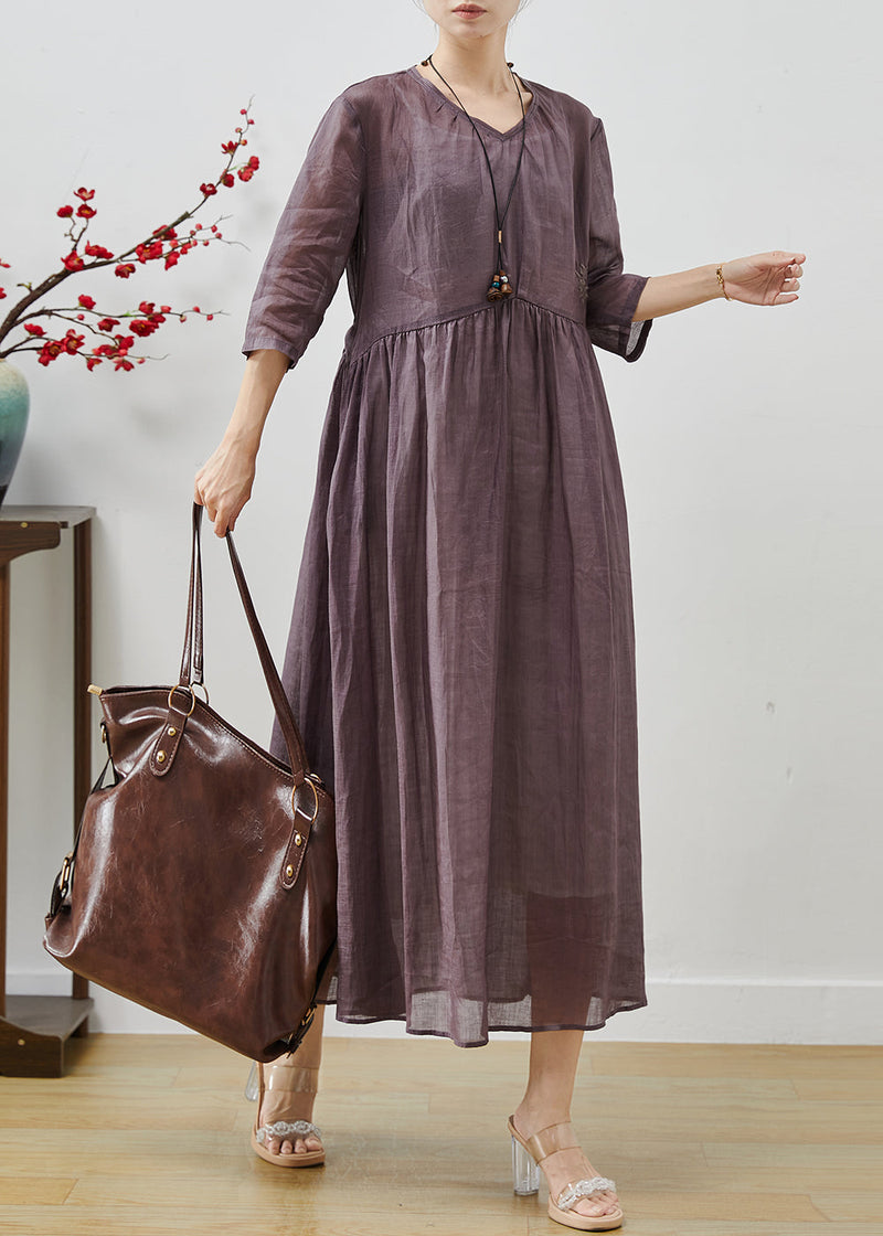 Purple Linen Long Dress Embroidered Bracelet Sleeve