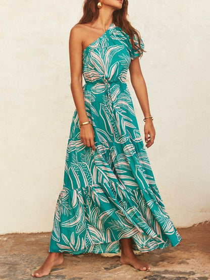 Off-shoulder Palm Leaf Print Holiday Style Dress