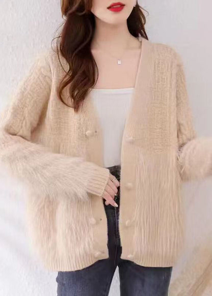 Khaki V Neck Patchwork Mink Hair Knitted Cardigan Fall