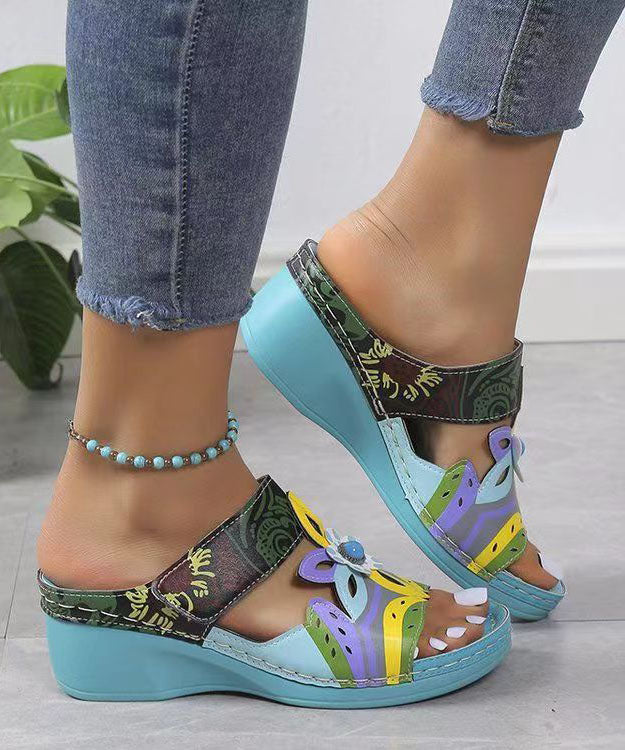 Peacock Blue Hollow Out Splicing Wedge Slide Sandals