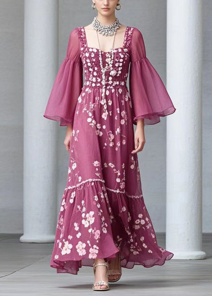 Rose Square Collar Print Chiffon Dress Flare Sleeve