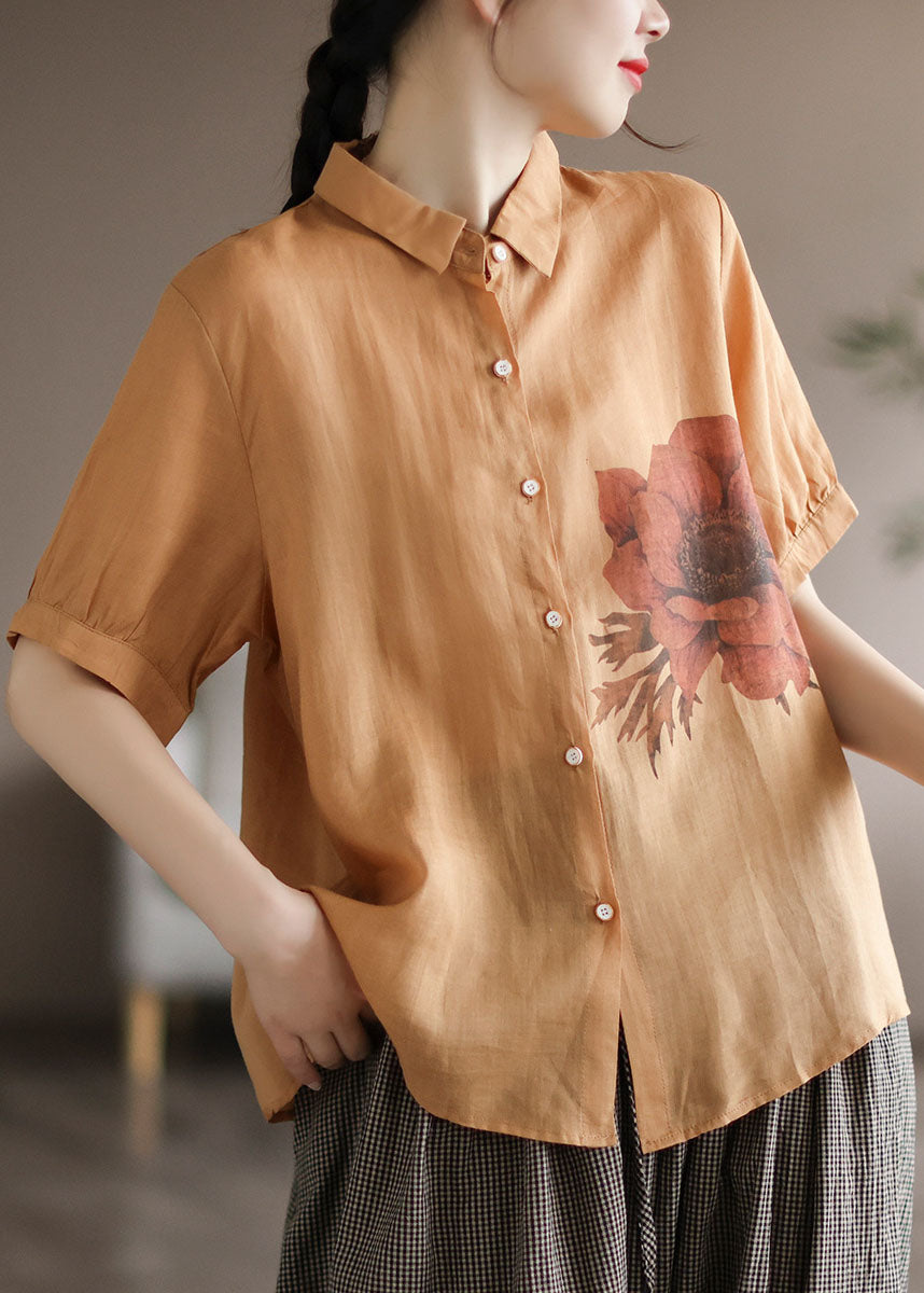 Yellow Print Linen Shirt Tops Patchwork Short Sleeve