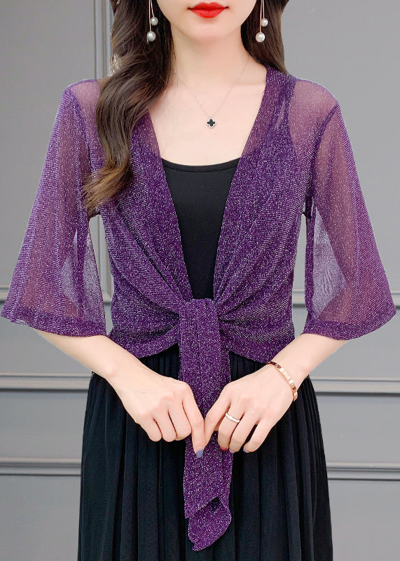 Pink Bright Silk Lace Up Tulle Cardigan Summer
