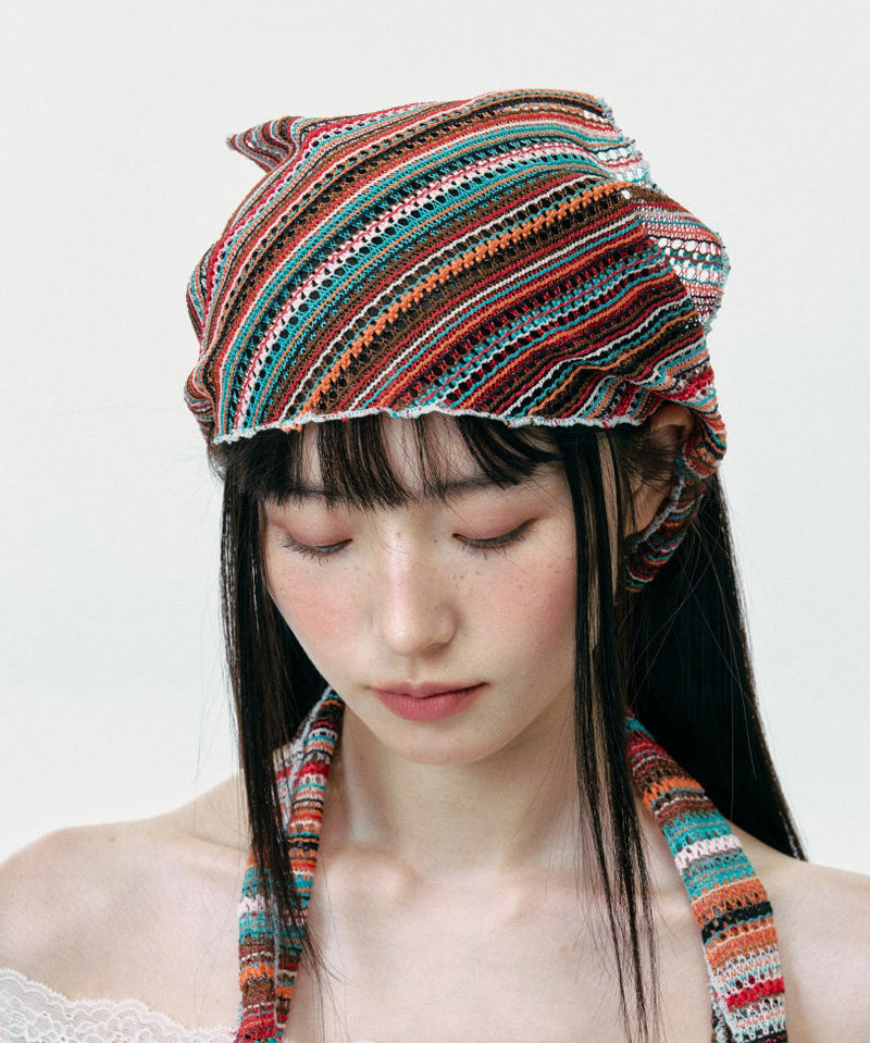 Thin Colored Striped Knitted Hollow Out Head Boonie Hat