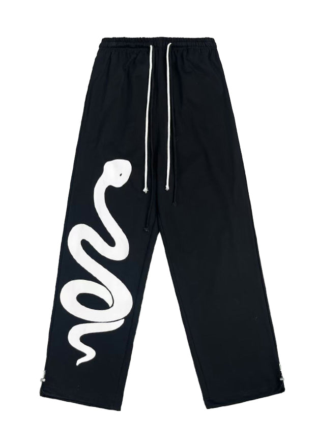 Black Print Elastic Waist Cotton Sport Pants Spring