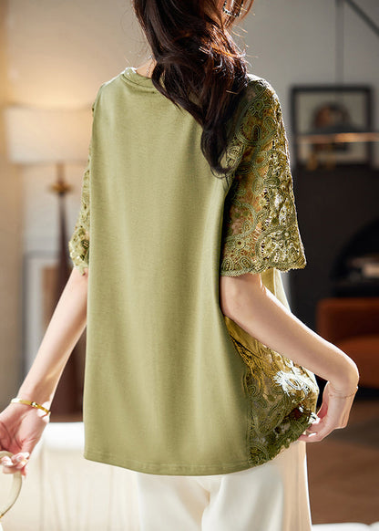 Loose Green Hollow Out Lace Patchwork T Shirts Summer