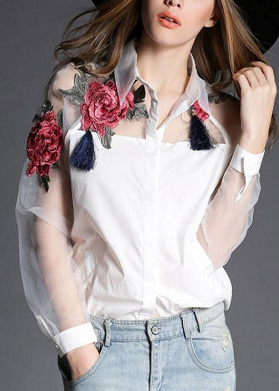 Organza White Peter Pan Collar Embroidered Tulle Patchwork Cotton Shirts Long Sleeve
