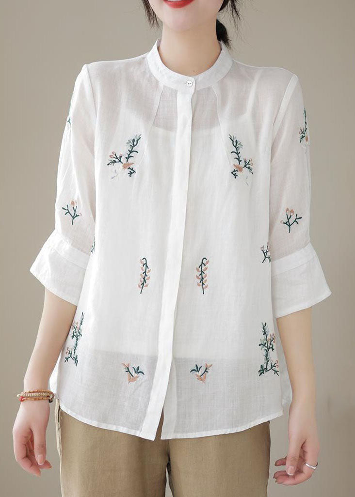 White Patchwork Linen Blouses Embroidered Stand Collar Summer