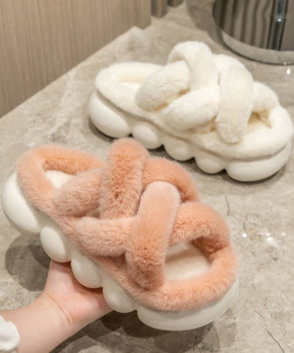 White Fuzzy Fur Slippers Shoes Platform
